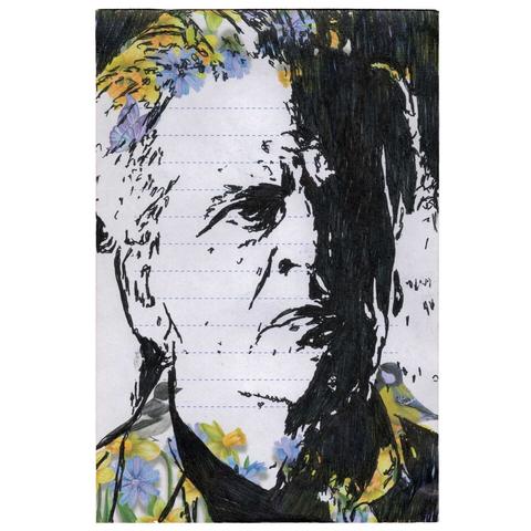 Drawing of Klaus Kinski scowling on a floral stationary sheet.