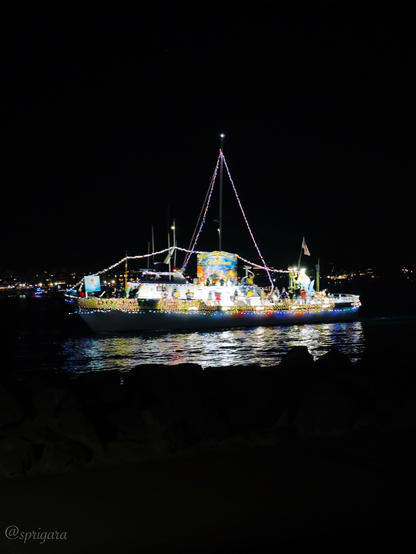 FantaSEA theme boat with white net style Christmas lights across the side, with multi-color Christmas lights lining the edges and lines of a boat with people dressed up as mermaids dancing around to holiday music