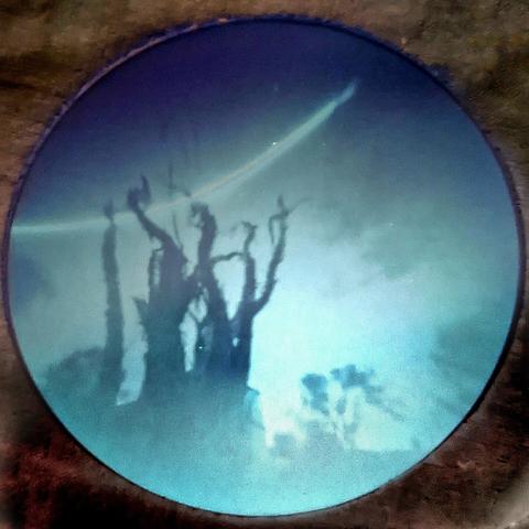 Circular blue-green monochrome photograph with a dark brown frame. A tentacle-like dead tree in the foreground, with the edge of a ruined mill behind. The Sun's path tracks across from the top right to the middle left.