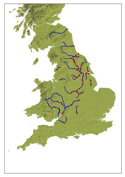 Map of Great Britain showing location of places taking a name form 'on/upon-river' as red dots, against rivers in blue. Topographical green background.