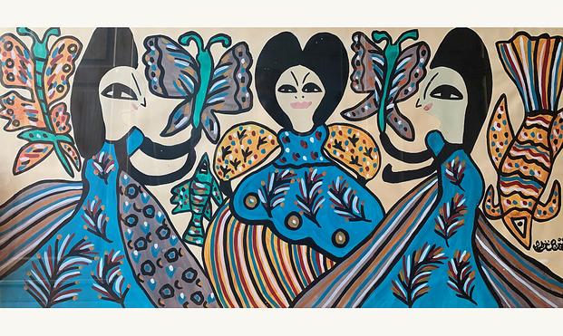 Reproduction d'une peinture de Baya : "Les trois Grâces", 1988. Gouache sur papier, 49,5 x 98,5 cm. Collection Claude et France Lemand.
3 papillons
3 femmes brunes souriantes
2 poissons
