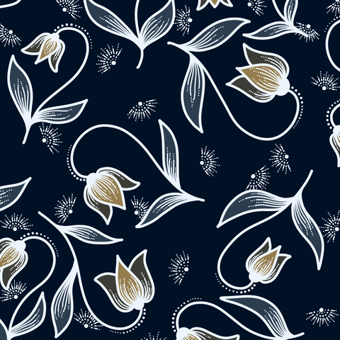 white drawn flowers (bit like tulips) on dark blue background. blossoms have a golden color. leaves and blossoms have white lines followed by some dots as decoration.