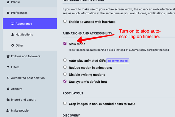 Screenshot showing the location of the Slow mode check box on the settings page. 

"Turn on to stop auto scrolling on timeline."