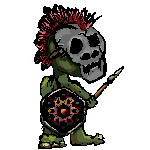 A stubby figure in a stiff pose wearing a skull face mask and holding an out of proportion spear and shield.