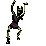 A figure that could be dancing or attacking though the pose is still stiff.