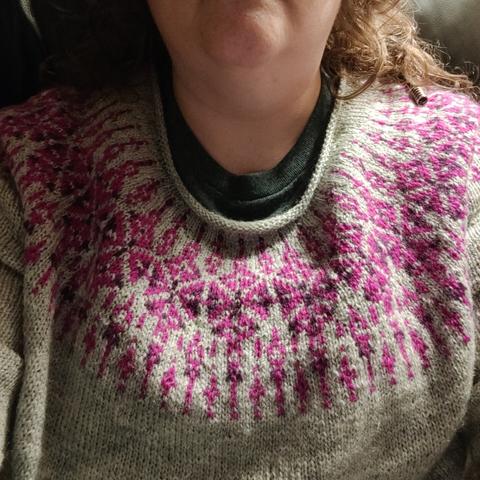 Yoke of Jingle Jumper knit in Cascade 220 Fingering in Silver, Aster Purple and Dark Plum