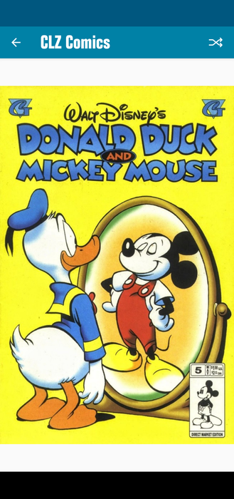 Donald Duck looking into a mirror to see his reflection is Mickey Mouse. Instead of recoiling in horror he is smiling.