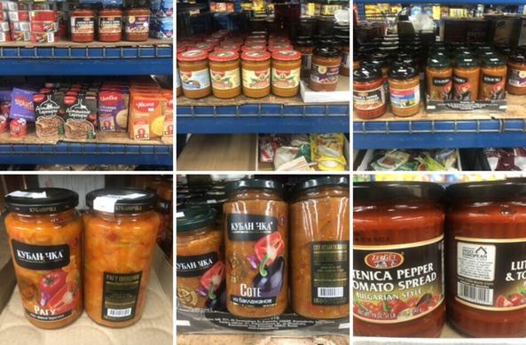 composite photo of racks of Eastern European & Russian foods at grocery story