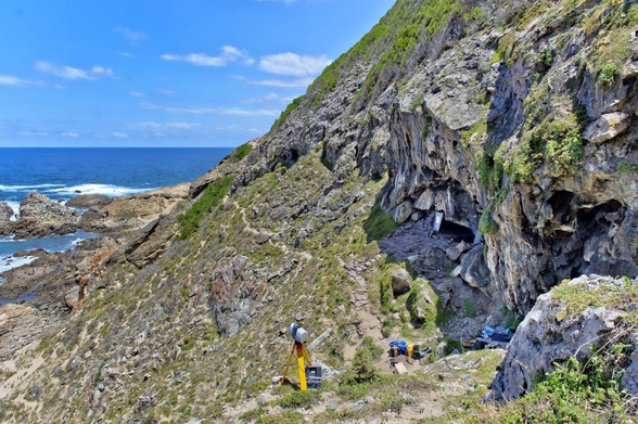 Blombos cave entrance along the coast of South Africa
