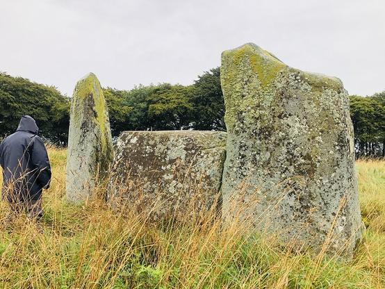 A chunky recumbent stone and two flankers, very lichenous. A man in a navy blue waterproof stands beside the furthest flanker. He has his hood up. The sky is uniformly grey.