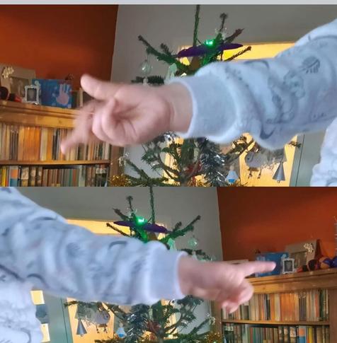 A toddler's hand pointing in 2 different directions.
