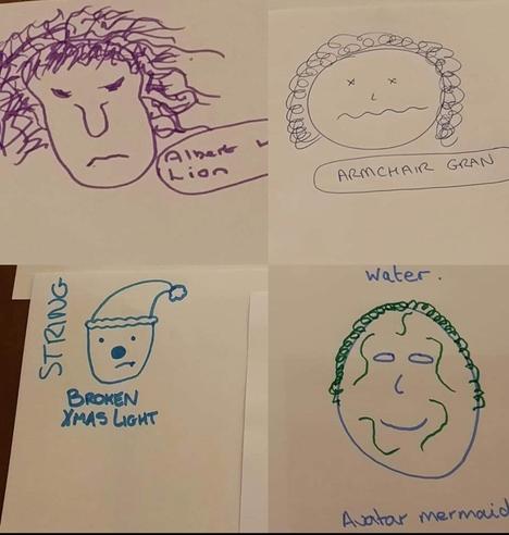 4 hand drawn faces: Arthur the Lion, Armchair Gran, Broken Christmas Light and Avatar Mermaid
