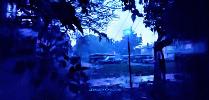 Black and white photo heavily edited & filtered with deep blues.
Photographed through a rain soaked window in night mode, very surreal and abstract looking.