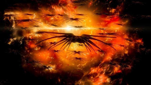 A fleet of shadow battlecrabs from Babylon5 approaching from an orange space nebula