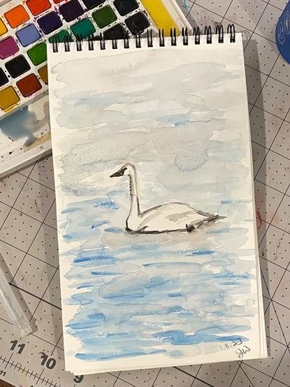 A water color painting of a swan swimming in water on a rectangular sketch pad. The swan is in black, gray and white and centrally placed. The water is blue, gray and white. The sketch pad is atop an art pad with a grid on a table. To the left and above is a water brush and a watercolor paints palette.
