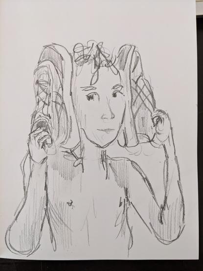 Pencil sketch of a boy holding his sneakers to his head