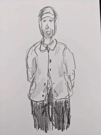 Pencil sketch of a man wearing a beanie, jacket and long pants