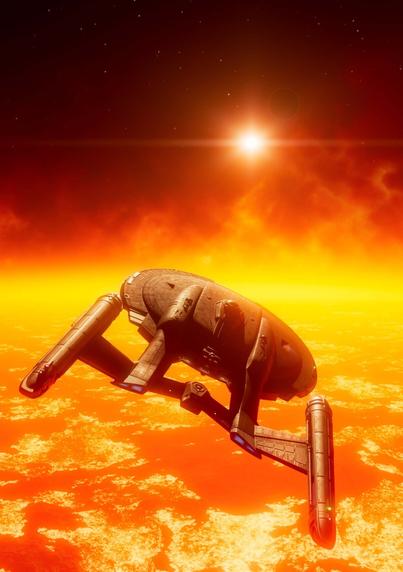 USS Enterprise NX-01 seen from above back over a lava planet, moody image, orange and red dominant colors.