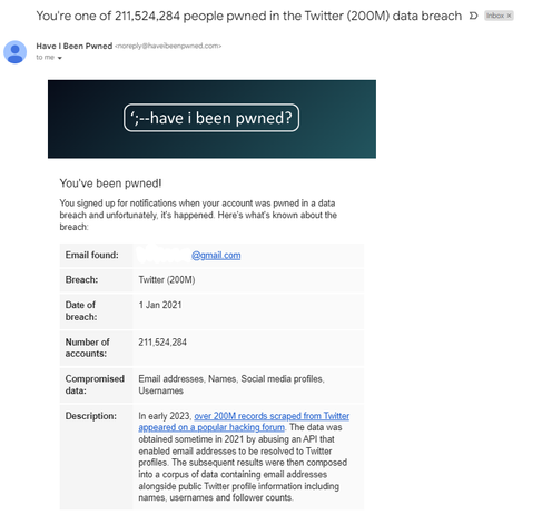 You've been pwned! You're one of 211524284 people pwned in the Twitter (200 million) data breach
