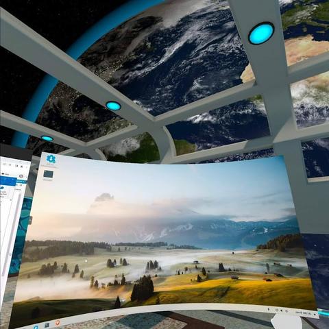 Screenshot of VR App Immersed showing computer screen from a VR space called the Space Lounge that has the Earth as the background view behind the screen.