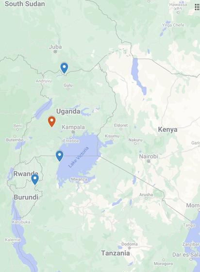 The map shows the locations of the mobile laboratories in East Africa. In Uganda, one EAC mobile laboratory is deployed into the outbreak at the Mubende Regional Referral Hospital for providing diagnostic SVD capacity (red pin). In South Sudan (Nimule), Tanzania (Kabyaile) and Burundi (Kobero) the mobile laboratories are supporting preparedness activities at border crossings (blue pins). The map was created in Google Maps. EAC, East African Community; SVD, Sudan virus disease. ©Florian Gehre