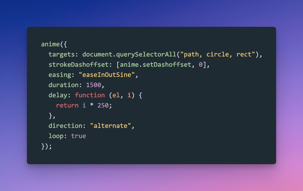 screenshot of anime.js code - see codepen for code