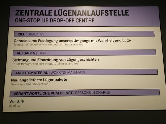 Foto zur „Zentralen Lügenanlaufstelle“ mit Beschreibungen zu „Ziel“, „Aufgaben“, „Arbeitsmaterial“ und „Verantwortliche vom Dienst “.