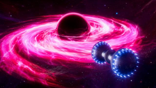 spaceship SOL from the Perry Rhodan series approaching a red singularity