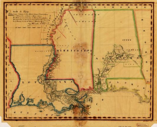 Old map showing the FL panhandle, AL, MS, LA, & southern AR with the counties/parishes Lafayette passed through or saw along the Alabama River & Mississippi River, with towns & other features marked.