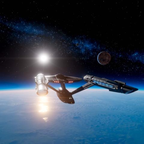 SNW Enterprise seen from the back in orbit over an ice planet flying towards the sun, two moons and stars of the milky way in the background.