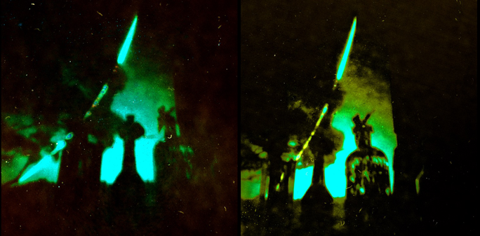 Diptych of solargraphs through our kitchen window with agaves in bottles in the foreground and the passage of the sun in an arc above.