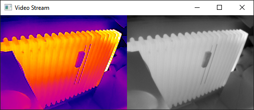 A screenshot showing two thermal images side by side. On the left a similar image like the one from two posts ago, but with the characteristic "Iron-Red" color palette applied. On the right the greyscale raw image.