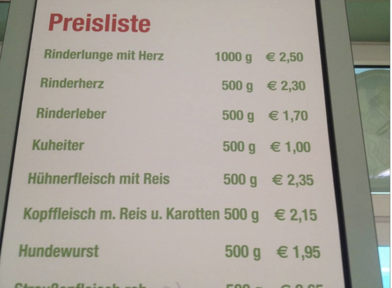 Preisliste des Barf-Anbieters "Loys", in der Mitte steht "Kuheiter"