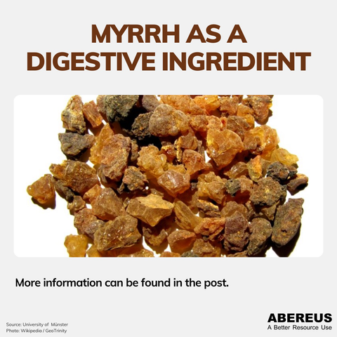 In the middle of the picture, there is a photo of blocks of myrrh. They are amber colored and have the size of smaller stones or larger pebbles. Above is the text "Myrrh as a digestive ingredient" and below is the logo of Abereus