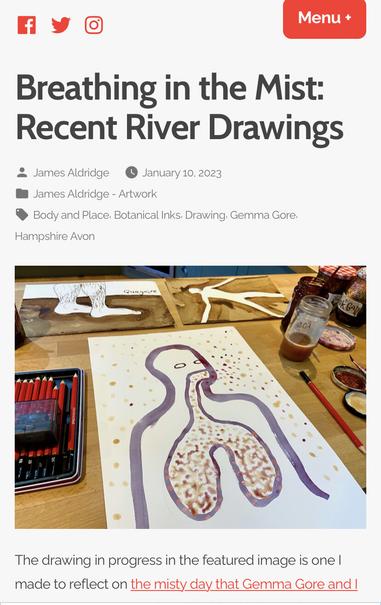 Screenshot of blog post title and featured image. Photo shows a drawing of a human torso in purple, with coloured dots being breathed into the chest. Jars of opened coloured ink’s alongside