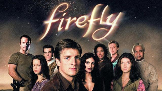 The cast of Firefly with a show logo above them