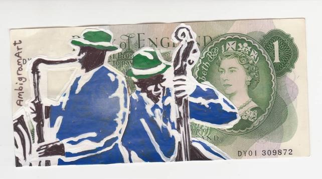 2 jazz musicians play a double bass and a trombone. They are in silhouette and wearing blue suits and green hats.