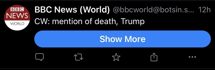 Screenshot of a BBC News toot with a Content Warning of death, Trump