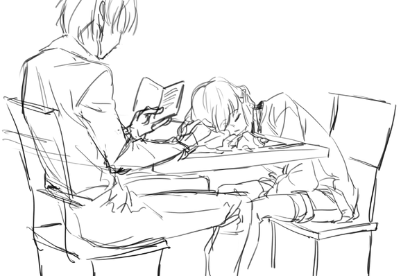 Naru and Mai at a table, she's sleeping and he's reading