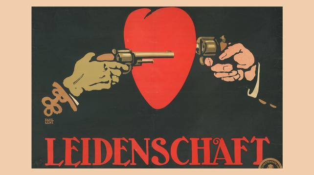 Aufschrift: Leidenschaft, in der Mitte ein Herz, davor und dahinter eine Hand die eine Pistole hält und auf das Herz zielt.