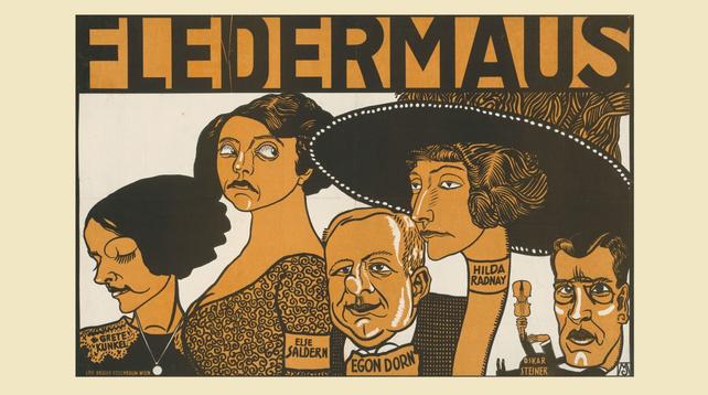 Schriftzug: Fledermaus, darunter Karikaturen mit Namensschildern der Darsteller*innen