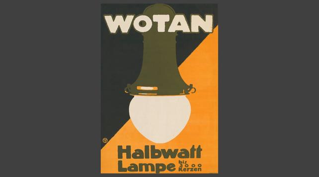 Aufschrift Wotan, Halbwattlampe bis 3000 Kerzen, stilisierte Darstellung einer Deckenlampe.
