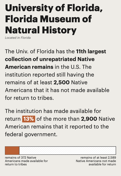 A screenshot of a database showing that the University of Florida has only repatriated 13% of the more than 2,9000 remains of Native American people it reported to the government as having.