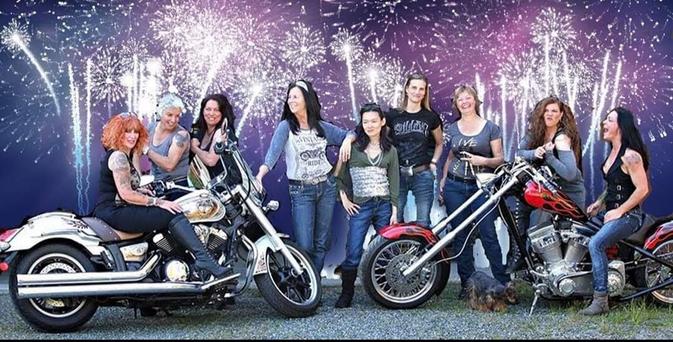 Group photo from Westcoast Roar womens' motorcycles photoshoot.