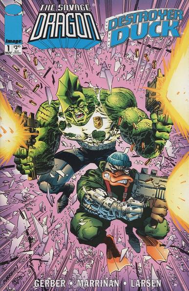 Savage Dragon and Destroyer Duck are jumping through a window with impractical guns blazing.