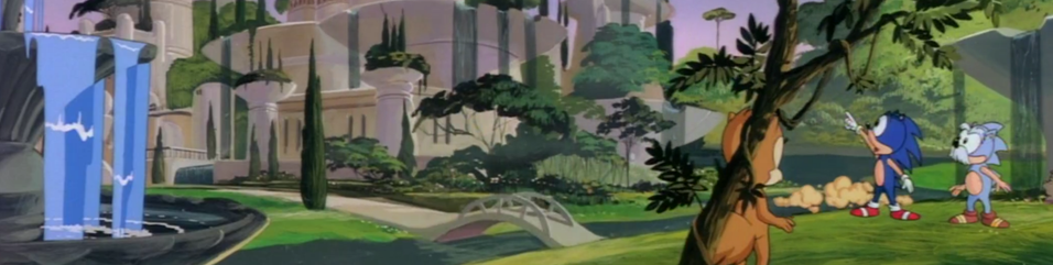 A panorama made from many different screenshots of the 1993 Saturday morning cartoon Sonic the Hedgehog.  A tranquil city covered in greenery from pre-Robotnik  Mobius.  Sonic is telling his Uncle Chuck about an incoming flying fortress.