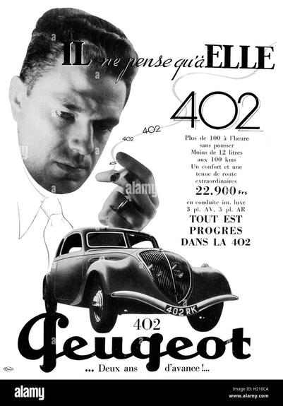 Illustrated ad for Peugeot 402