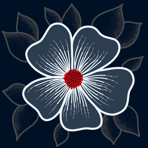 Big flower drawn in white on dark blue background and red dots in the middle. All around golden shimmering leaves whose shading consists of hundreds of small dots.