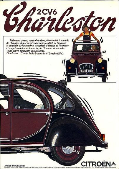 Illustrated ad for Citroën 2CV6. The car is red and black