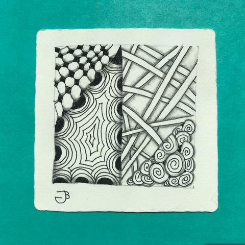A close up of a Zentangle tile piece of art. White classic tile is 3.5 x 3.5 inches. This tile uses a black ink pen with granite shading. The tile is divided into 4 portions, each with a unique abstract tangle (pattern) inside.